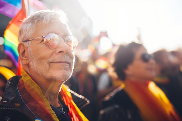 Senior LGBT man portrait at parade in sunlight Old person in crowd red street politics