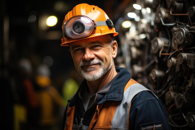 Senior male engineer worker working in a factory in break time Mature male workers working and wearing safety uniforms and helmets in industry factory