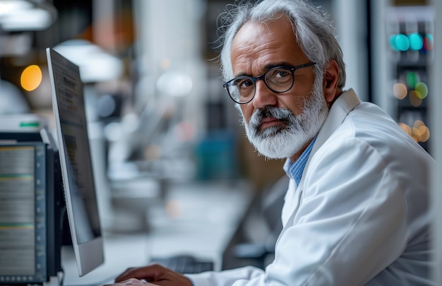 Photo a senior male scientist in a hightech lab in a white lab coat using a computer