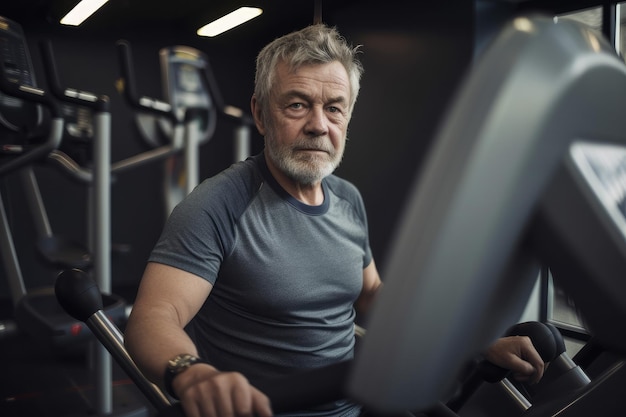 Senior male with grey hair keeping fit by working out in a gym Generative ai