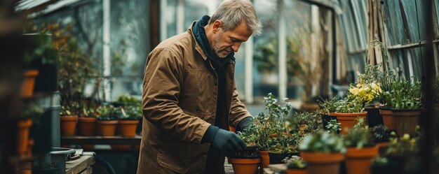 Photo senior man arranging potted plants in a greenhouse embodying the calm and peaceful nature of