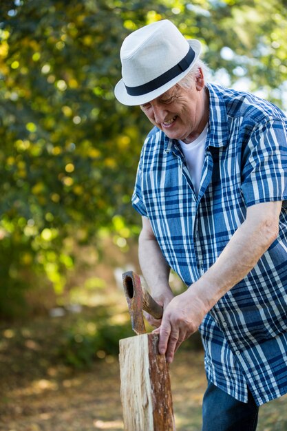 Senior man chopping firewood