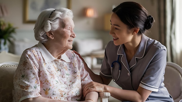 Senior man discussing with female nurse