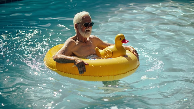 Senior man enjoying pool time with rubber duck float