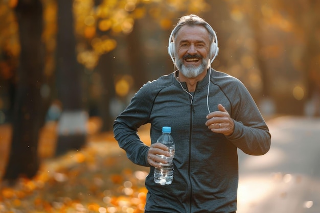 Senior man enjoys morning jog with headphones and water bottle