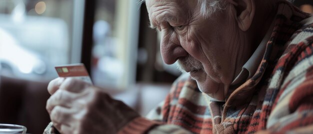 Senior man examining his credit card with concern reflecting financial security and privacy issues