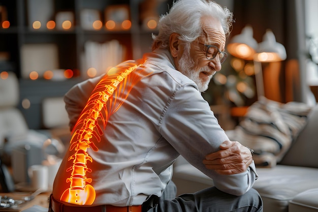 Senior Man Experiencing Back Pain with Highlighted Spine Concept of Elderly Health and Back Pain Management