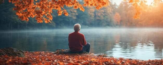 Photo senior man finds tranquility on a serene fall morning surrounded by the vibrant hues of autumn