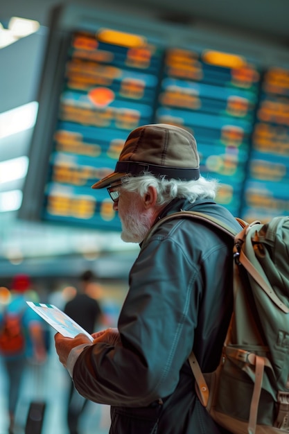 Photo senior man in gray jacket and brown hat stands at airport terminal engrossed in phone wearing glasses that reflect light terminal features blue and white signs large window offering tarmac view