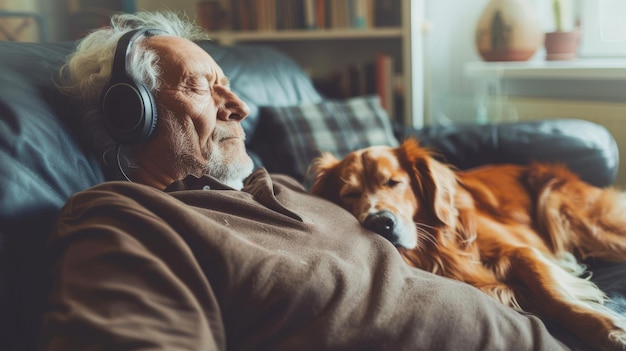 Senior man grooving to music with headphones in his living room loyal dog resting nearby