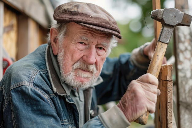 Senior Man Hammering Nail Working at Home Elderly 60s Portrait of a Senior Hammering Man