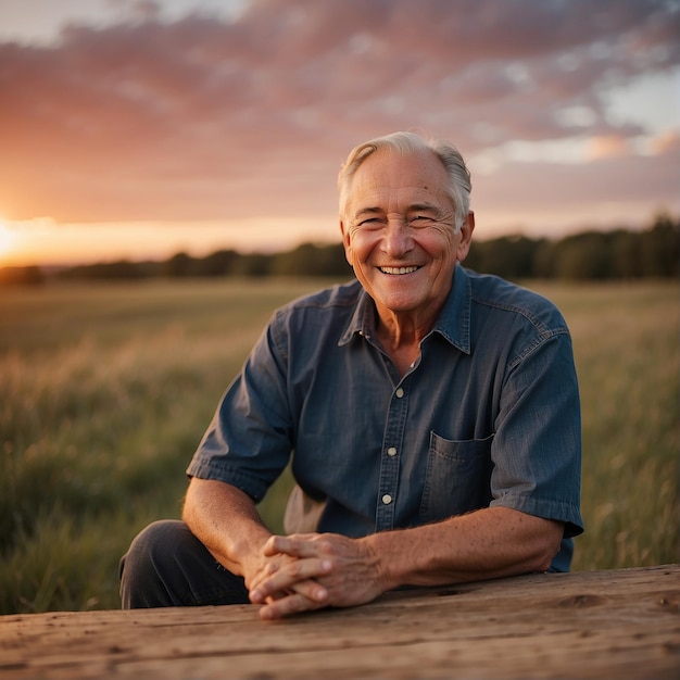 A senior man is sitting outside at dusk and grinning