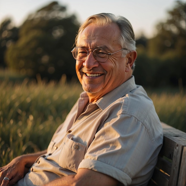 A senior man is sitting outside at dusk and grinning