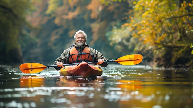 Senior Man Kayaking on Autumn River