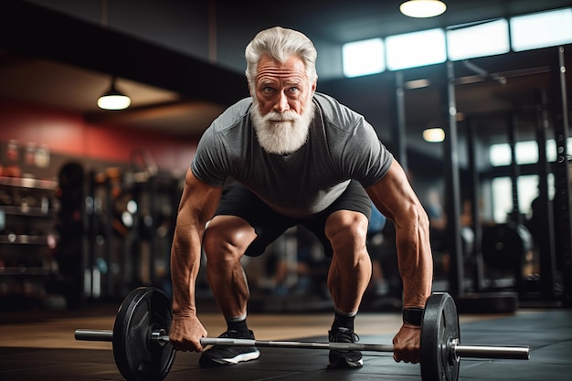 Senior man lifting barbell in gym Elderly man lifting barbell in gym