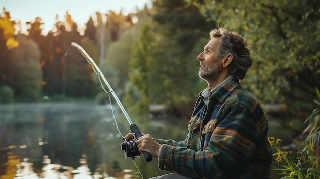 Senior man in a plaid shirt sits on a lake bank and holds a fishing rod