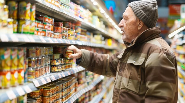 Senior man reaching for canned products in supermarket aisle focusing on health