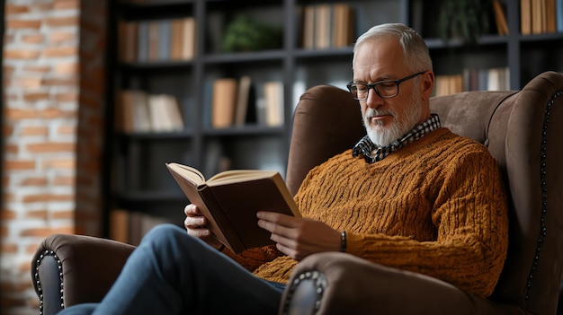 Photo a senior man relaxes in a comfortable armchair and reads a book