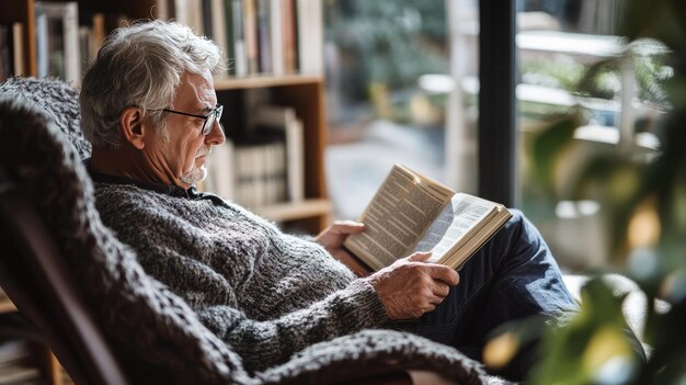 Photo a senior man relaxes in a comfy chair engrossed in a book