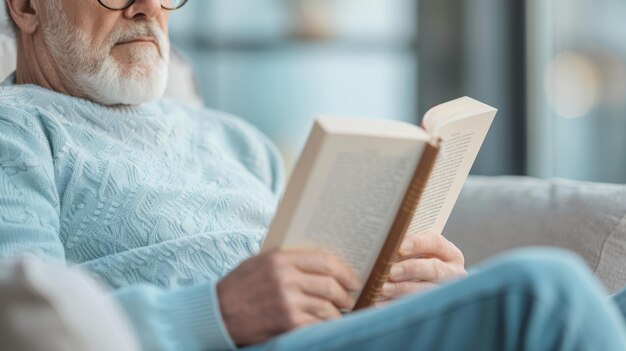 Senior man relaxing with a book at home in cozy blue sweater