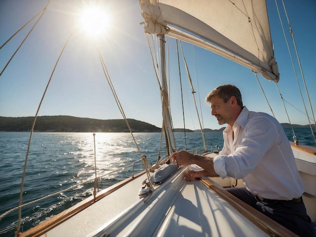 Senior man sailing on sailboat at sunset enjoying freedom and retirement