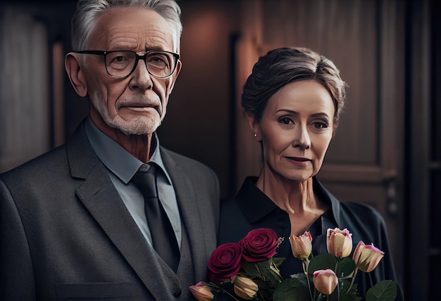 Senior man standing with attractive woman holding flowers on funeral Generate Ai