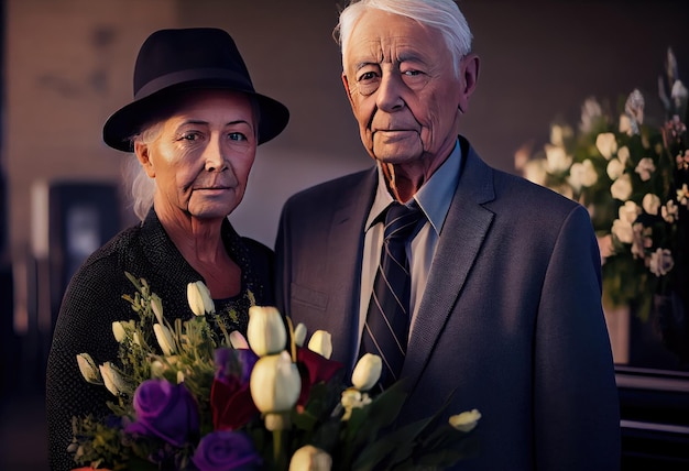 Senior man standing with attractive woman holding flowers on funeral Generate Ai