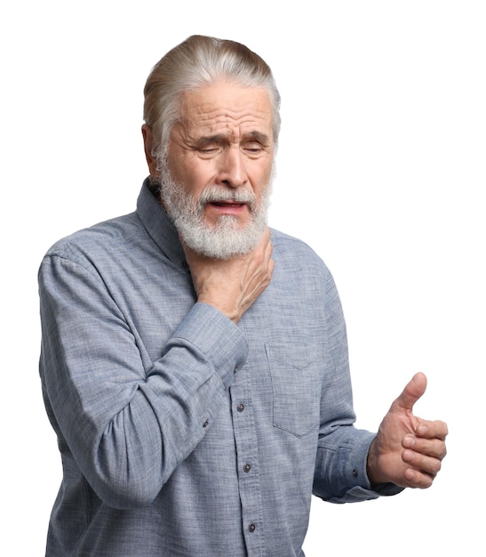 Senior man suffering from sore throat on white background Cold symptoms