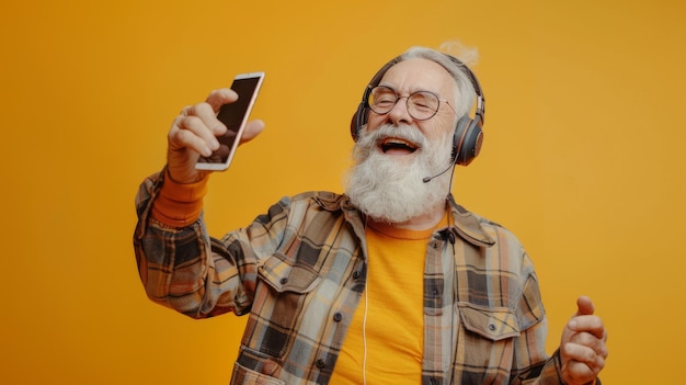 Senior man with headphones on yellow background enjoying music