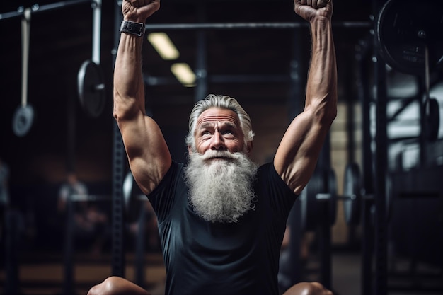 Senior man with long white beard doing pullups in the gym