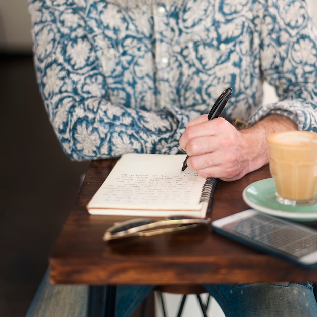 Senior Man Writing Working Coffee Shop Realxation Concept