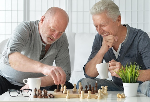 Senior men playing chess