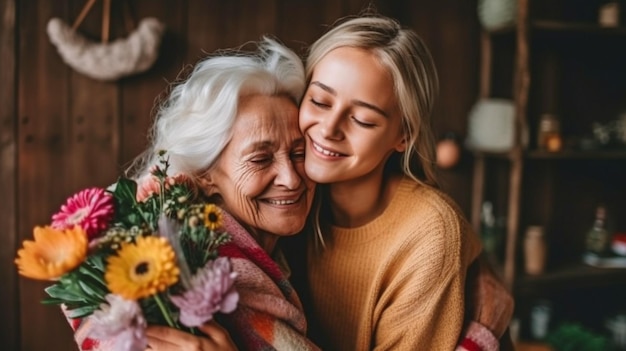 Photo senior mother smiling while savouring her daughter's love on mother's day generative ai