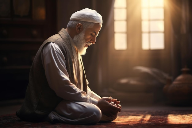 Senior Muslim man praying in the mosque Silhouette of a Muslim man praying in an Islamic ceremony