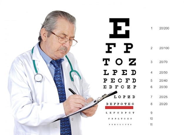 Senior oculist man reviewing the eye health of a patient