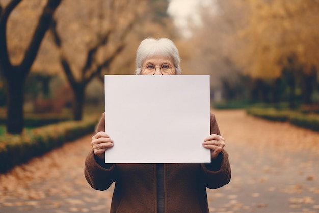 senior old woman hold blank paper in a park