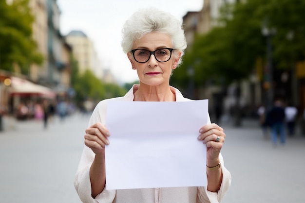 senior old woman hold blank paper on street