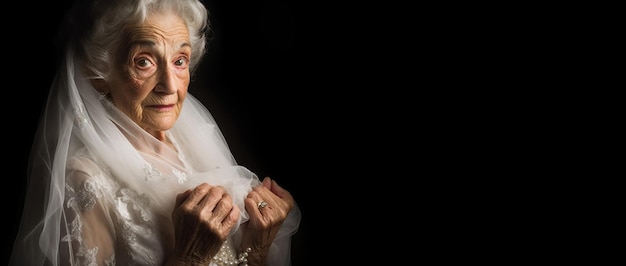 Senior older bride in a white wedding dress space for text AI generated