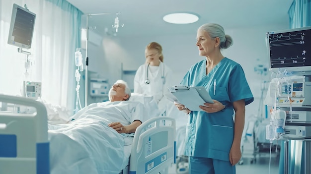 Photo senior patient and nurse in hospital ward medical assistance