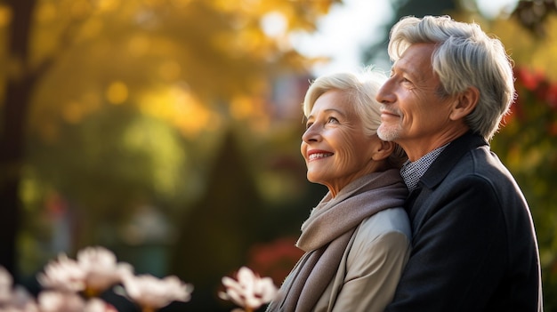 senior people in a park, looking up, with a blurred background free photo