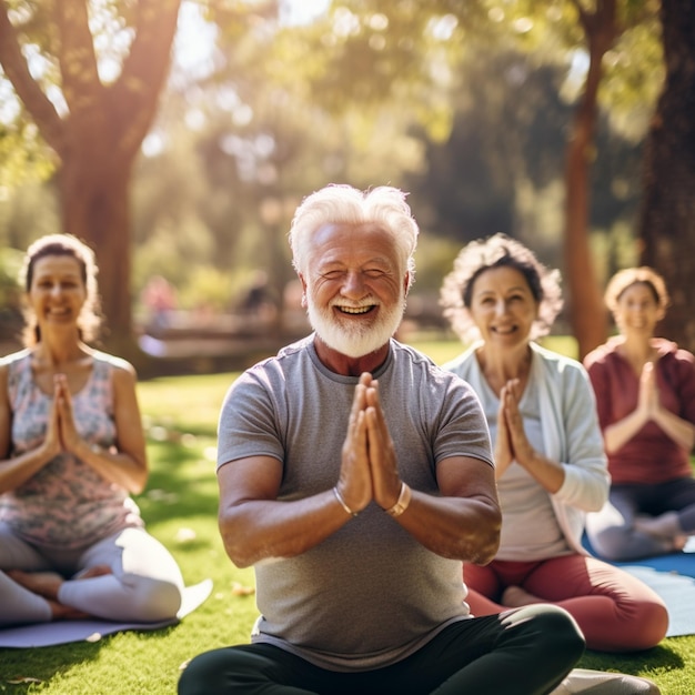 senior people in park for muscle health workout and training with retirement community