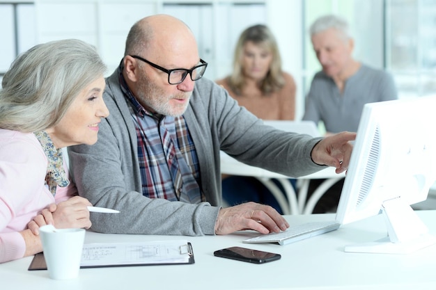 Senior people sitting at table and working with computer