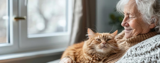 Senior Pet Care Focus on an elderly woman grooming her cat with a home background empty space right for text