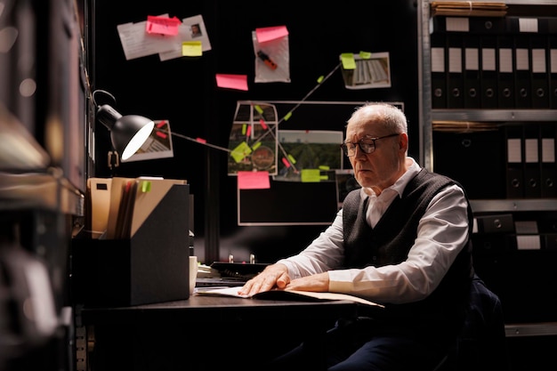 Senior private investigator analyzing criminology document, working overtime at criminal case in arhive room. Elderly police officer checking victim files, looking at mysterious suspect report