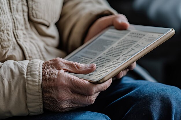 Photo senior reading news on tablet