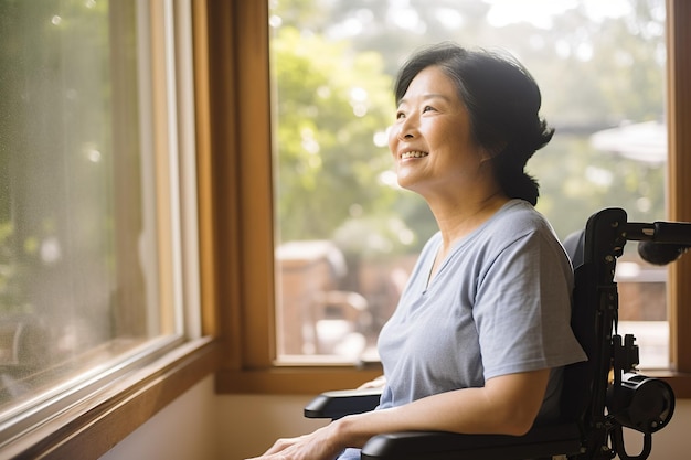 A senior retired Asian woman at home sitting in a wheelchair looking out of a window on a sunny day