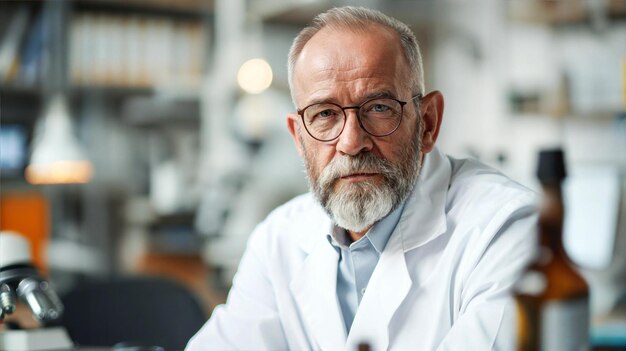 Photo a senior scientist with a beard and glasses looks directly at the camera while wearing a lab coat and working in a laboratory