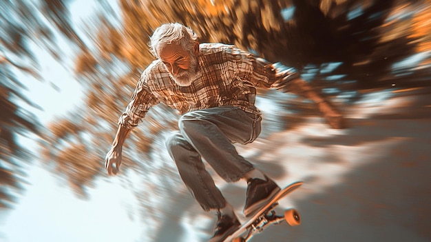 Photo senior skateboarder flying high in the park