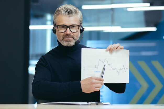 Senior teacher business teacher coach teaches online finance grayhaired man with headset and glasses