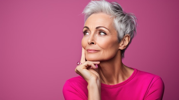 Senior thoughtful woman on pink background looking away